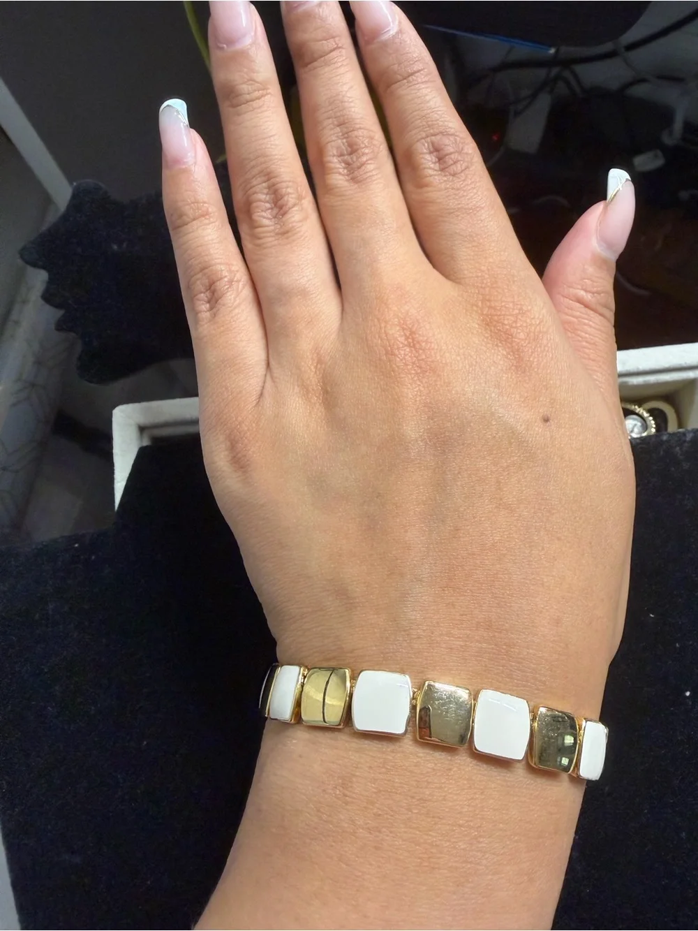 Vintage Napier Gold and White Enamel Tile Bracelet - Women Jewelry - SZ 7
